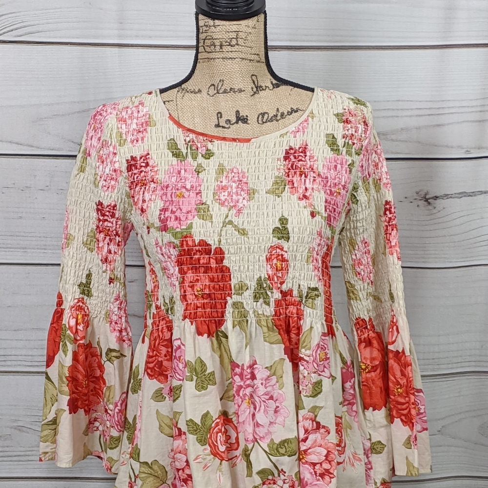 JANE And DELANCY Smocked Pink/Red Floral Top